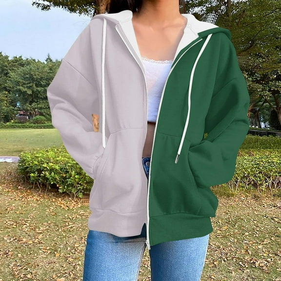 Heisall Womens Hoodie Contrasting colors Pocket Zipper Long Sleeve Hooded Casual Loose Fashion
