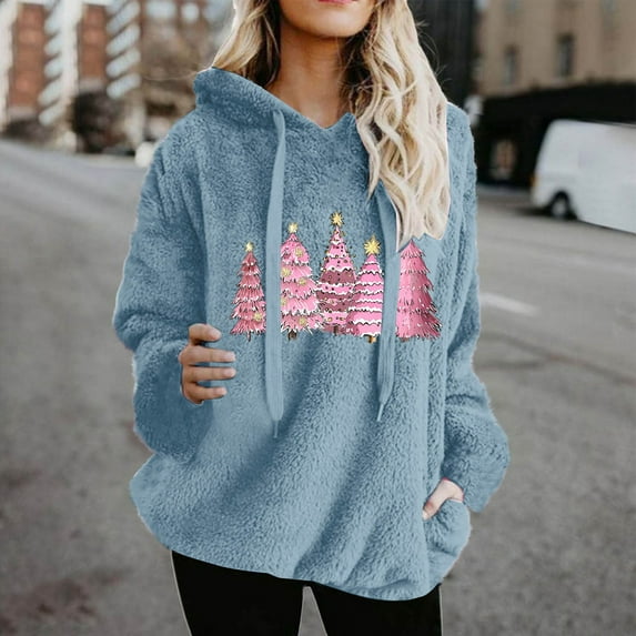 Heisall Womens Hoodies 2025 Autumn Winter Letter Christmas Print Pocket Drawstring Long Sleeve Double-sided Fleece Plush Fashion Loose Casual Sweatshirts
