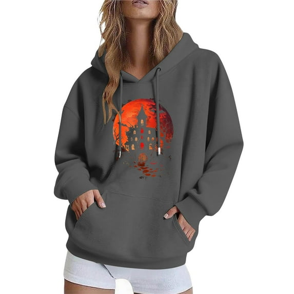 Heisall Womens Hoodies 2025 Fall Winter Long Sleeve Hooded Pocket Halloween Print Loose Casual Fashion Hooded Sweatshirts