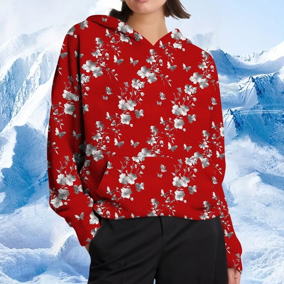 Heisall Womens Hoodies Autumn Winter Casual Loose Fit Sweater-Like Knitted Long Sleeve Drop Shoulder with Pockets All-Over Print Casual Fashion Sweatshirts