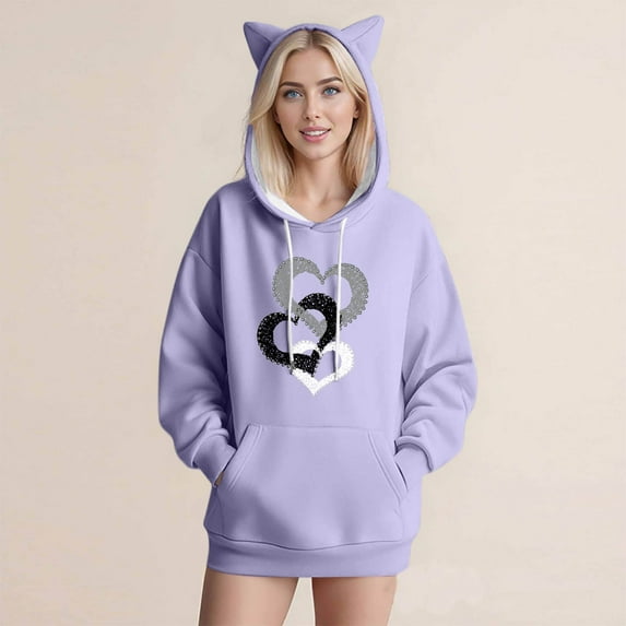 Heisall Womens Hoodies Casual Long Sleeve Loose Hooded Pullover Cute Cat Ears Print Fashion Casual Tops