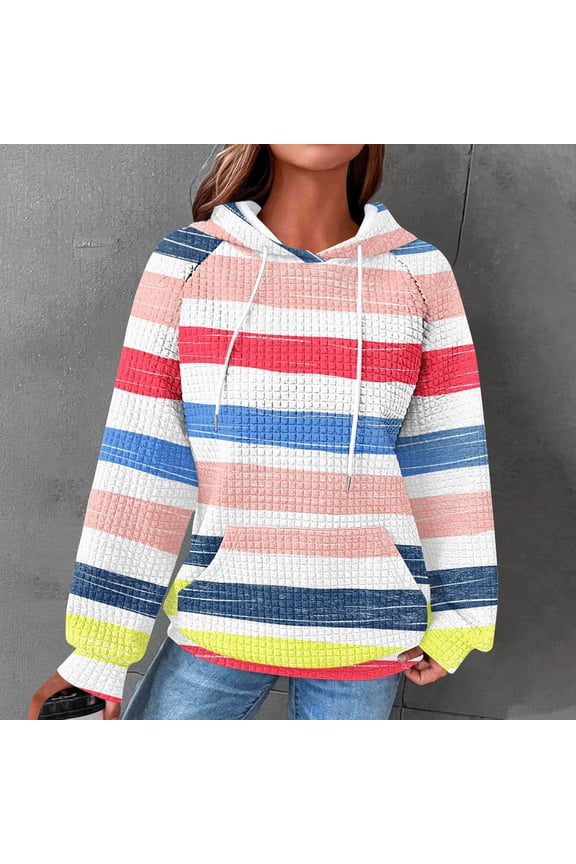 Womens Hoodies Long Sleeve Waffle Knit Raglan Sleeve Pocket Rainbow Print Casual Fashion