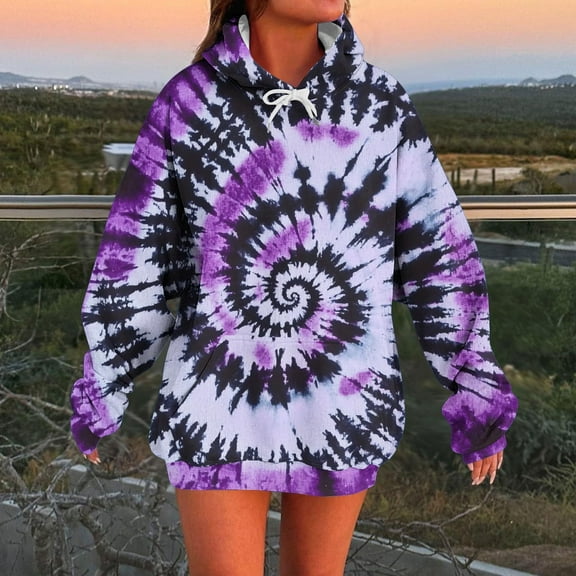 Heisall Womens Hoodies Tie-Dye Print Longline Long Sleeve Pocket Casual Sportswear Loose Fashion Sweatshirts