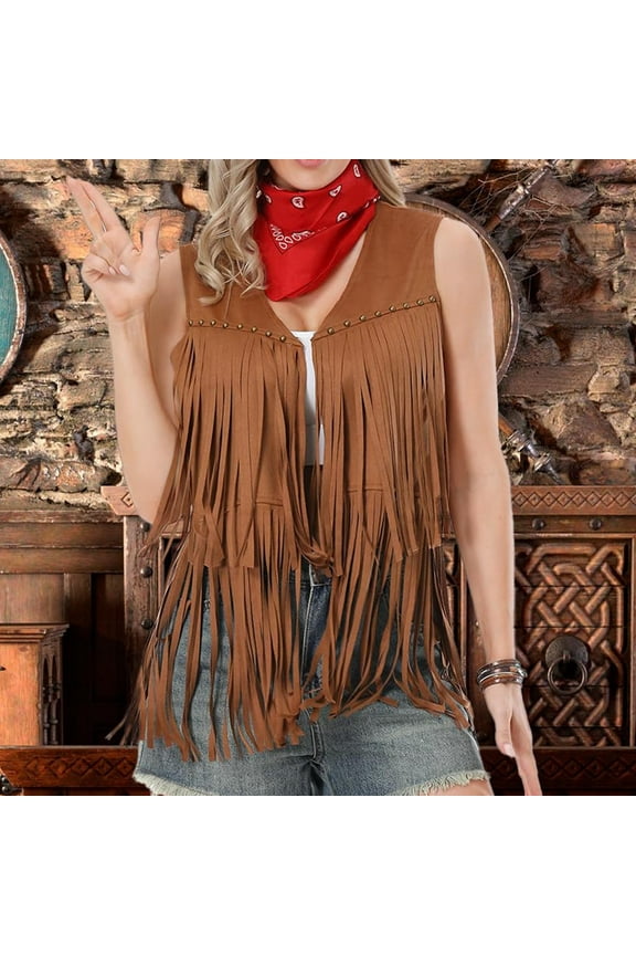 Womens Jackets Sleeveless Solid Color Fringe Vest Suede-like Western Hippie Casual Outerwear