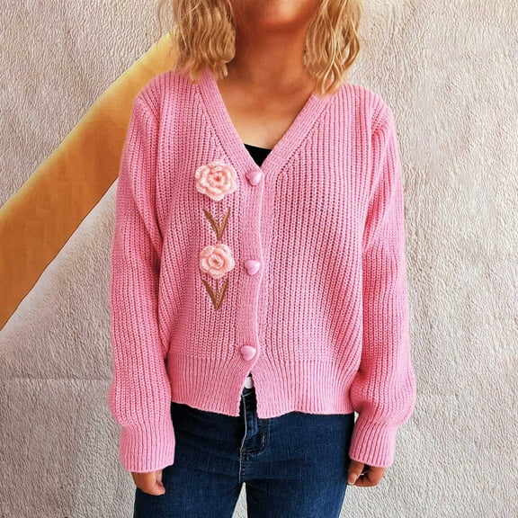 Heisall Womens Knit Cardigans V Neck Long Sleeve Floral Accessory Embellished Open Front Sweaters