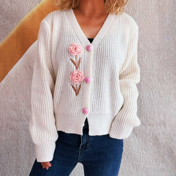 Heisall Womens Knit Cardigans V Neck Long Sleeve Floral Accessory Embellished Open Front Sweaters