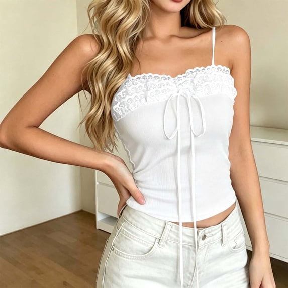 Heisall Womens Lace Trim Built in Bra Camisole Tank Padded Sleeveless Bow Spaghetti Strap Tops Date Party Vacation Clothing