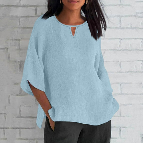 Heisall Womens Linen Shirts Summer Solid Color 3/4 Sleeve Tops Casual Loose Round Neck Work Blouses Ladies Basic Tunic Tops