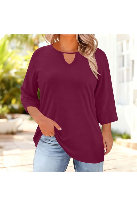 Womens Plus Size Tops 3/4 Length Sleeve Shirts Crewneck Dressy Casual Blouses Trendy Keyhole Tunic Top XL-5XL