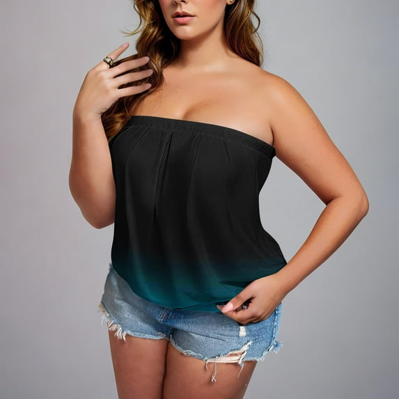 Heisall Womens Plus Size Tops Elastic Band Tube Cami Loose Fit Full Bust Casual Ombre Tanks