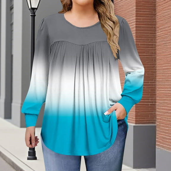Heisall Womens Plus Size Tops Long Sleeve Round Neck Loose Casual Ombre T-Shirts Home Daily Wear