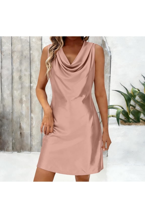 Womens Satin Cowl Neck Dress Sleeveless Elegant Trendy Summer Sundress Casual Plain Shift Dresses for Vacation