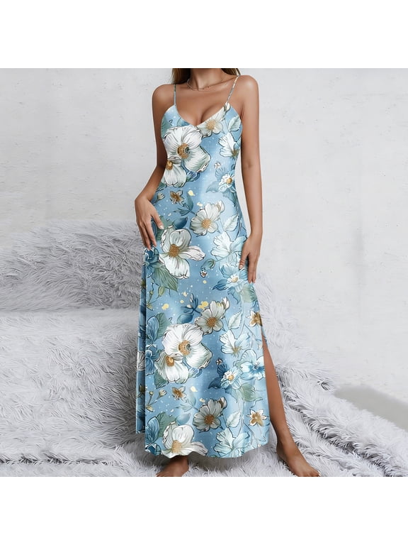 Womens Satin Long Nightgown Sexy Side Split Silk Floral Graphic Lingerie Soft Spaghetti Strap Nightwear Nightdress