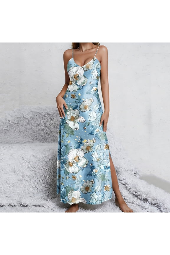 Womens Satin Long Nightgown Sexy Side Split Silk Floral Graphic Lingerie Soft Spaghetti Strap Nightwear Nightdress