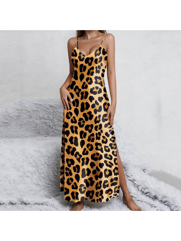 Womens Satin Long Nightgown Sexy Side Split Silk Floral Graphic Lingerie Soft Spaghetti Strap Nightwear Nightdress