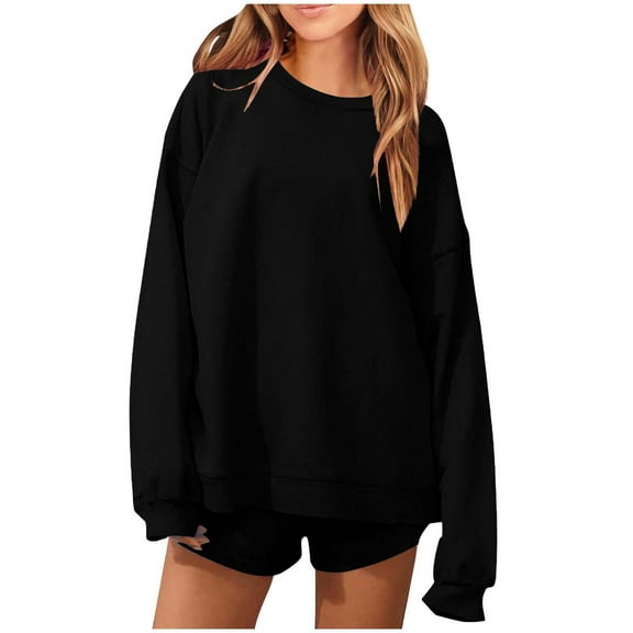 Heisall Womens Sets Round Neck Long Sleeve Solid Color Casual Hoodie and Shorts 2-Piece Outfit