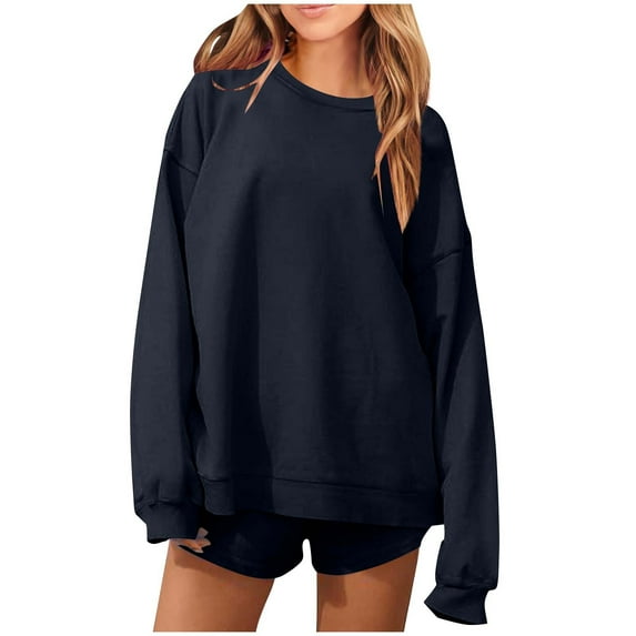 Heisall Womens Sets Round Neck Long Sleeve Solid Color Casual Hoodie and Shorts 2-Piece Outfit