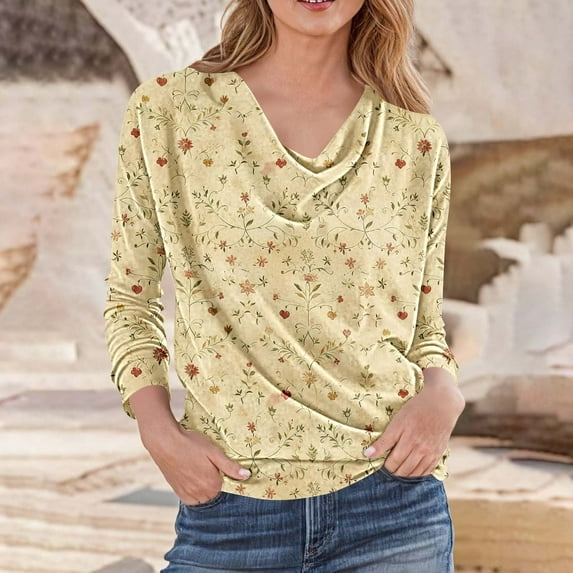 Heisall Womens Shirts 2025 Autumn Long Sleeve Casual Blouse with Wrinkle Collar Loose Floral Print Fashion Tops