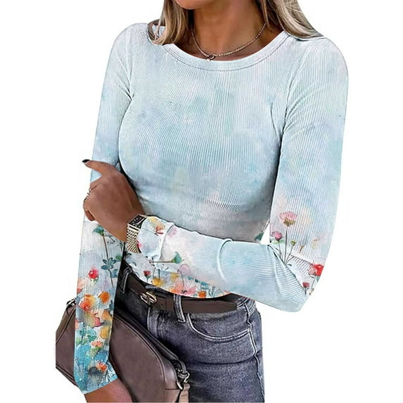 Heisall Womens Shirts 2025 Autumn Long Sleeve Round Neck Stretch Casual Floral Print Ribbed Knit Tops Casual Daily Wear