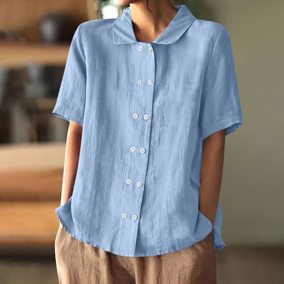 Heisall Womens Shirts Double Breasted Buttoned Pockets Short Sleeve Turn-Down Collar Casual Cotton Linen Fashion