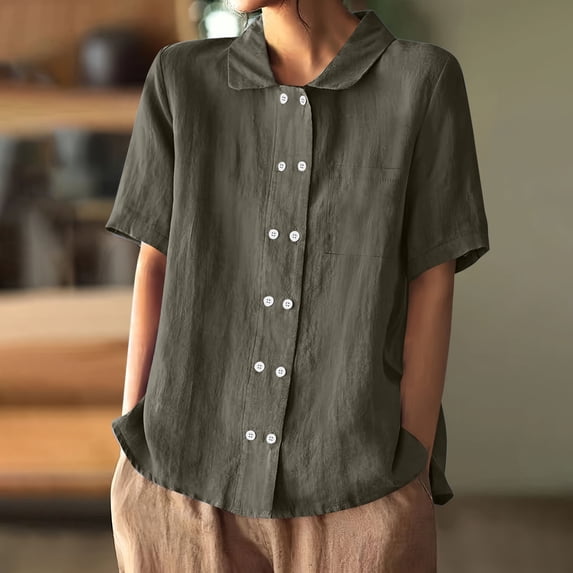 Heisall Womens Shirts Double Breasted Buttoned Pockets Short Sleeve Turn-Down Collar Casual Cotton Linen Fashion