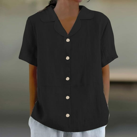 Heisall Womens Shirts Short Sleeve Button-Down Collar Solid Color Casual Blouses Button Front