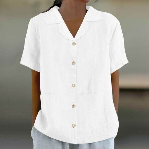 Heisall Womens Shirts Short Sleeve Button-Down Collar Solid Color Casual Blouses Button Front