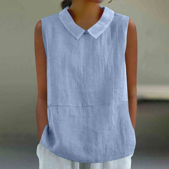 Heisall Womens Shirts Summer Sleeveless Cotton Linen Loose Peter Pan Collar Solid Color Casual Cute