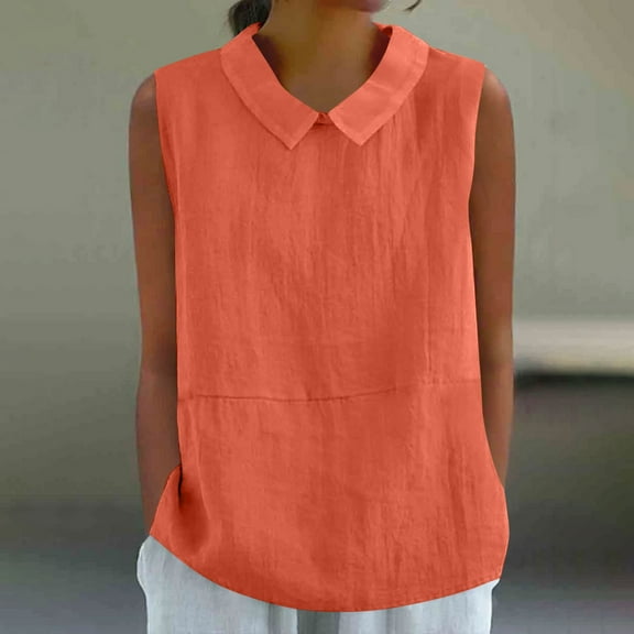 Heisall Womens Shirts Summer Sleeveless Cotton Linen Loose Peter Pan Collar Solid Color Casual Cute