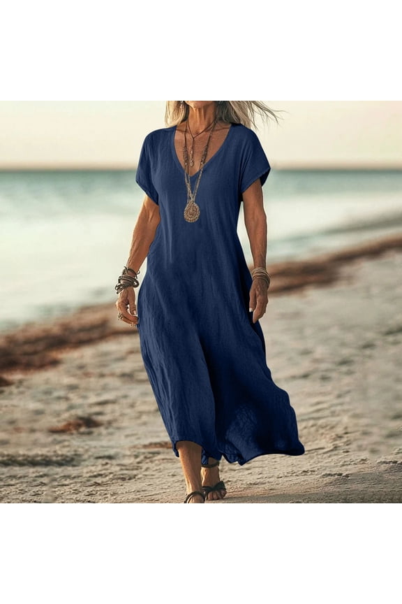 Womens Short Sleeve Cotton Linen Dresses Summer Beach V Neck Casual Boho Loose Ankle Length Long T-Shirt Dress