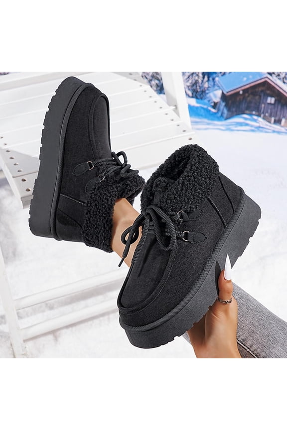 Womens Snow Boots Winter Fleece-Lined Warm Short Shaft Solid Color Front Lace-Up Round Toe Thick Sole Flat Heel Fashion Casual Ankle Boots