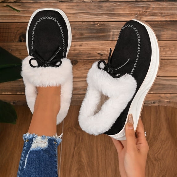 Heisall Womens Snow Boots Winter Thick Fleece-Lined Warm Bow Decorated Furry Collar Comfortable Wedge Heel Fashion Casual