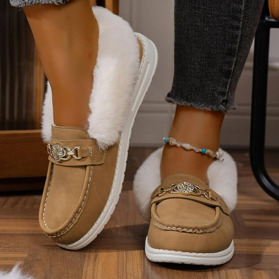 Heisall Womens Snow Boots Winter Thick Fleece-Lined Warm Cotton Shoes Metal Chain Furry Collar Comfortable Flat Sole Casual Fashion