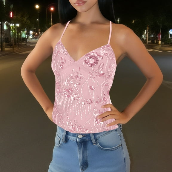 Heisall Womens Summer Camisoles Solid Color Embroidered Patches Beaded Back Tie Open Back Y2K Sexy Tops