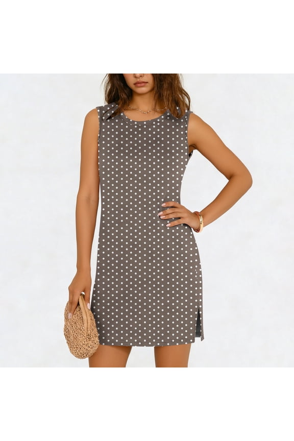Womens Summer Casual Mini Dresses 2026 Sleeveless Crewneck Split Wrinkle-Free Beach Travel Vacation Short Sundress