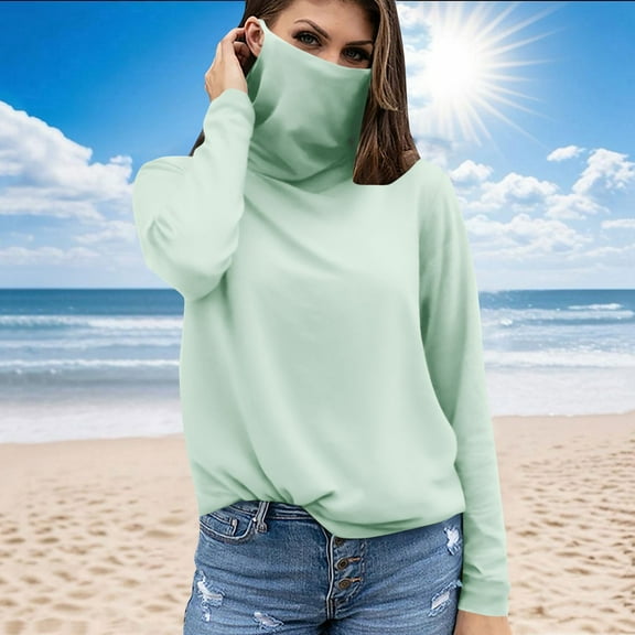 Heisall Womens Sun Protection Shirts Long Sleeve Hooded with Face Mask Casual Solid Color Tops