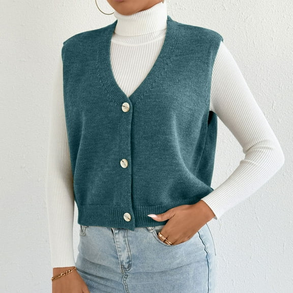 Heisall Womens Sweaters 2025 Fall New Solid Color V-Neck Knit Button Sleeveless Vests Casual