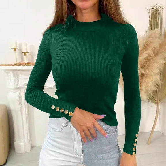 Heisall Womens Sweaters High Neck Long Sleeve Button Knit Layering Tops Solid Color Casual Wear