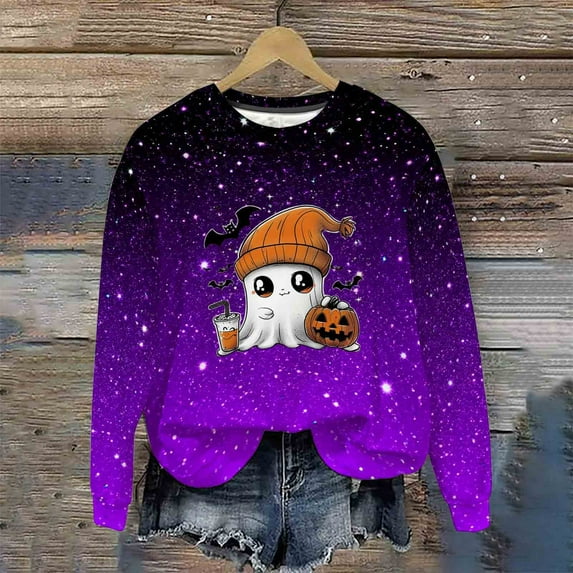 Heisall Womens Sweatshirt Halloween Theme Glitter Print Round Neck Casual Sporty Long Sleeve Fleece-lined Autumn Winter Fashion Casual Tops