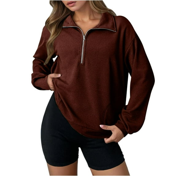 Heisall Womens Sweatshirt Waffle Knit Long Sleeve Lapel Half Zip Casual Sweatshits Loose Pullover Tops