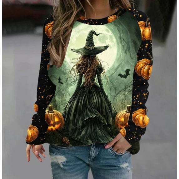 Heisall Womens Sweatshirts 2025 Autumn Winter Round Neck Halloween Print Long Sleeve Tops Loose Casual Fashion Hoodless Sweatshirts