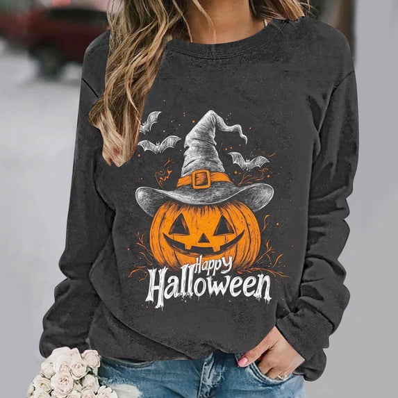 Heisall Womens Sweatshirts 2025 Fall Winter Halloween Print Loose Round Neck Sweatshirts Fashion Casual Long Sleeve No Hood Tops