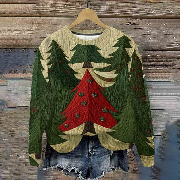 Heisall Womens Sweatshirts Christmas Vintage Print Round Neck Loose Casual Sporty Long Sleeve Fleece-Lined Fall Winter 2025 Fashion Tops