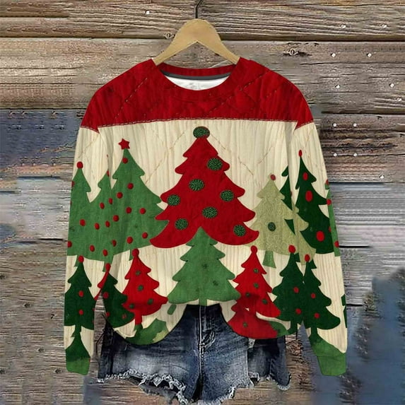 Heisall Womens Sweatshirts Christmas Vintage Print Round Neck Loose Casual Sporty Long Sleeve Fleece-Lined Fall Winter 2025 Fashion Tops