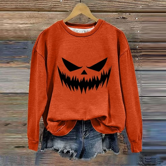 Heisall Womens Sweatshirts Long Sleeve Hoodless Loose Fit Autumn Winter Fashion Casual Halloween Print