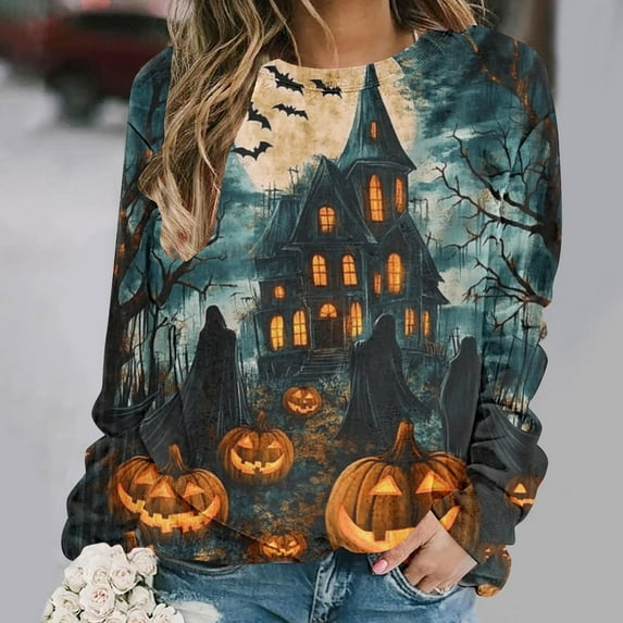 Heisall Womens Sweatshirts Long Sleeve Round Neck Loose Casual No Hood Halloween Print Fall Winter Fashion Sweatshirts
