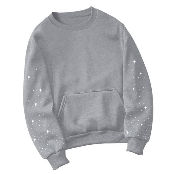 Heisall Womens Sweatshirts Long Sleeve Round Neck Loose Casual Solid Color Sleeve Rhinestone Design Pocket No Hood Fashion