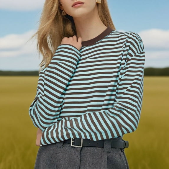 Heisall Womens Sweatshirts Round Neck Long Sleeve Loose Casual Striped Color Block Hoodless Fashion 2025 Fall