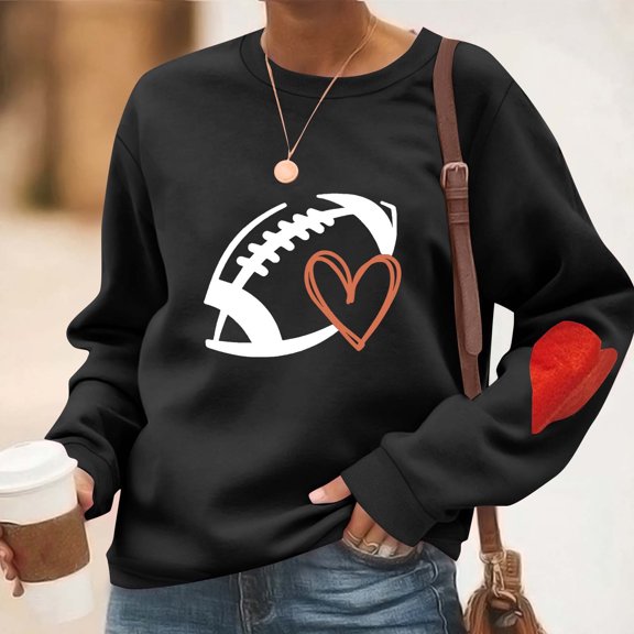 Heisall Womens Sweatshirts Round Neck Solid Color Sleeves Heart Print Rugby Baseball Print Loose Long Sleeve No Hood Fashion Casual