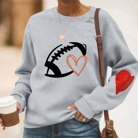 Heisall Womens Sweatshirts Round Neck Solid Color Sleeves Heart Print Rugby Baseball Print Loose Long Sleeve No Hood Fashion Casual